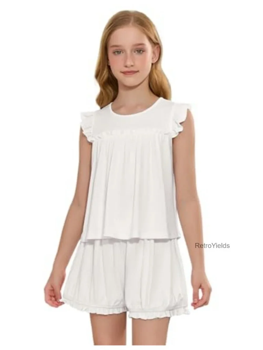 Girls 2 Piece Pajama Set Flutter Sleeve Ruffle Shorts Summer Sleepwear